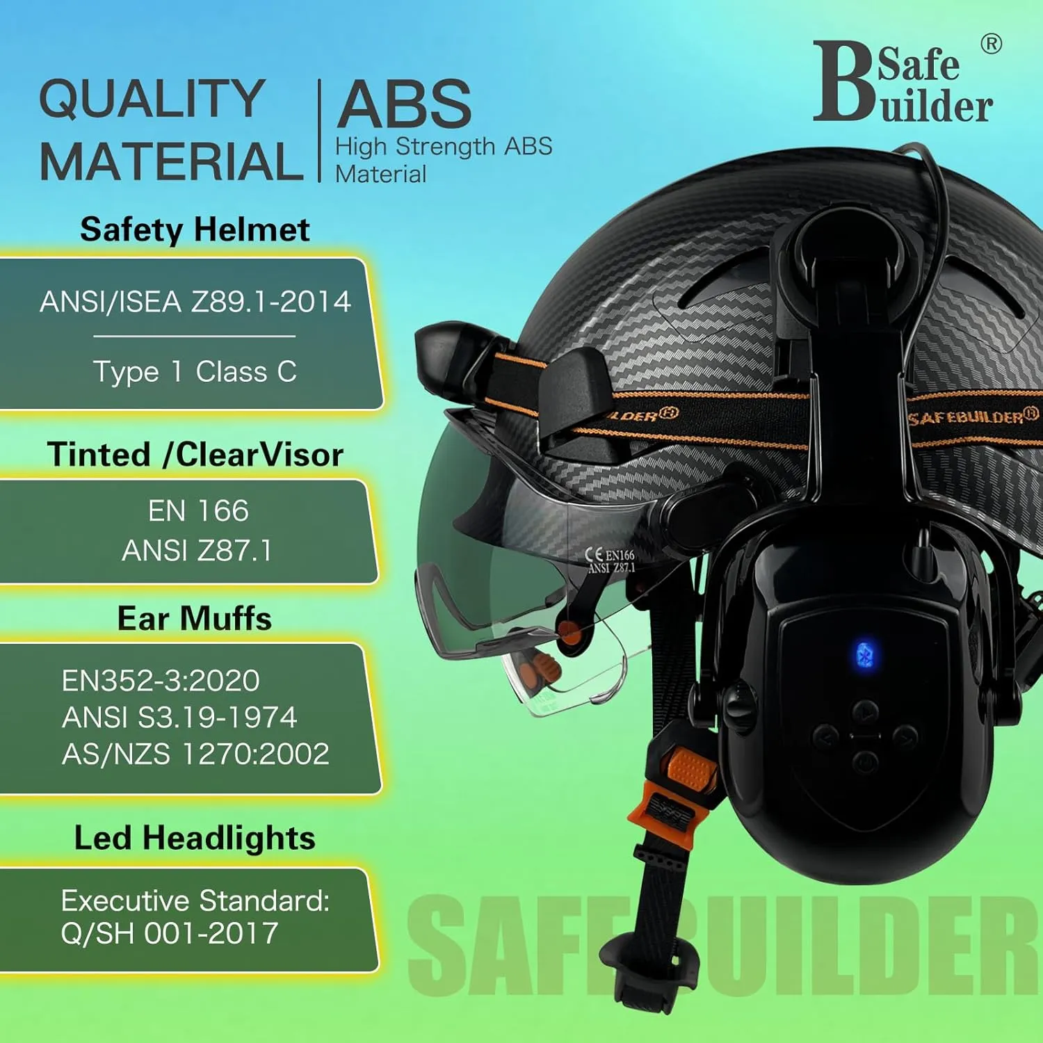 Hard Hats with Bluetooth Ear Muffs Headlight Safety Helmet with Visor Vented Adjustable Construction Forestry Hardhats ANSI