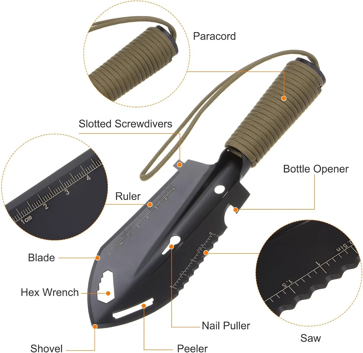 HARFINGTON 2pcs Multifunctional Camping Shovel 9 in 1 Multi-Purpose Backpacking Shovels with Carrying Bag for Outdoor Camping Hiking, Black Khaki