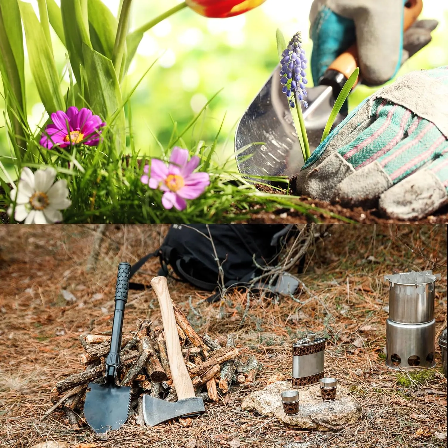 HARFINGTON 2pcs Multifunctional Camping Shovel 9 in 1 Multi-Purpose Backpacking Shovels with Carrying Bag for Outdoor Camping Hiking, Black Khaki