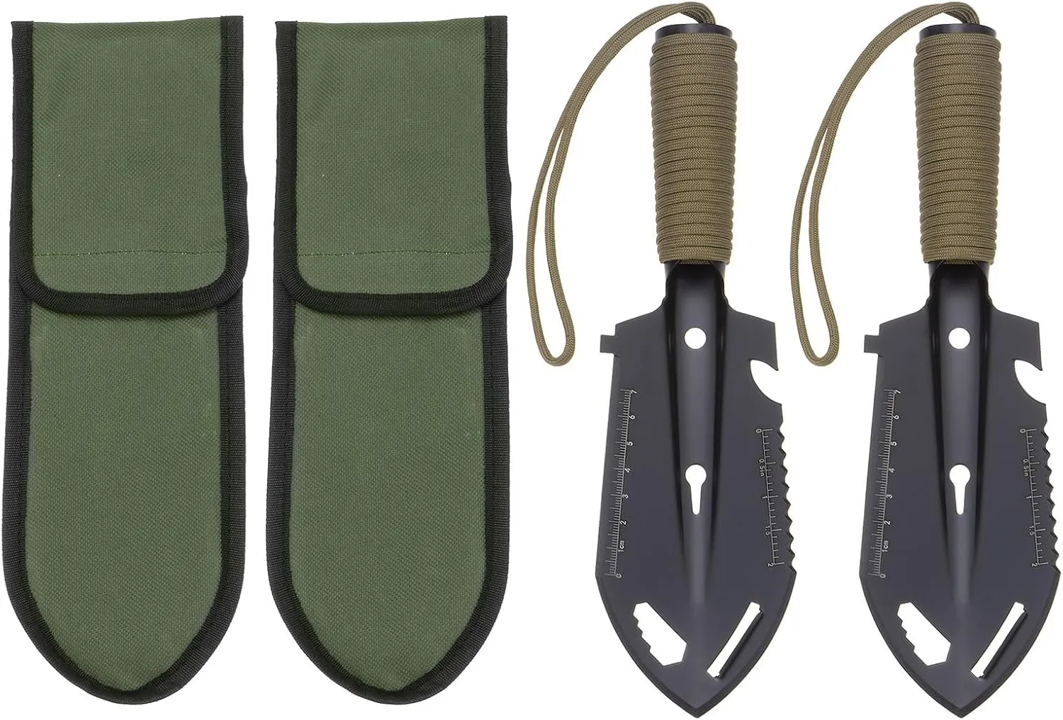 HARFINGTON 2pcs Multifunctional Camping Shovel 9 in 1 Multi-Purpose Backpacking Shovels with Carrying Bag for Outdoor Camping Hiking, Black Khaki