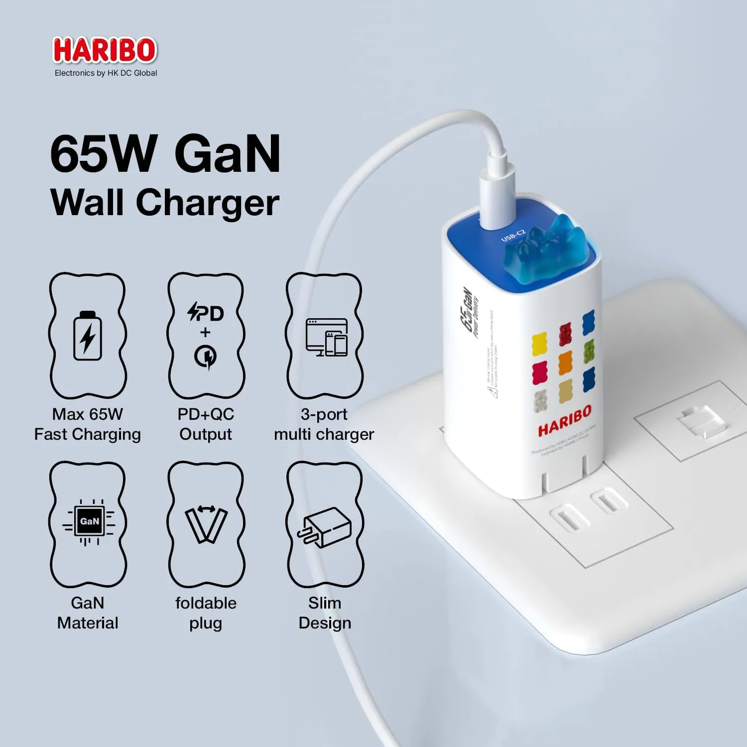 Haribo 65W Three-Port GaN Wall Charger, Power Deliver PD and Qualcomm 3.0 Charging, 5V 3A Gummy Bear Style Quick Charger Block for iPhone, Samsung Galaxy