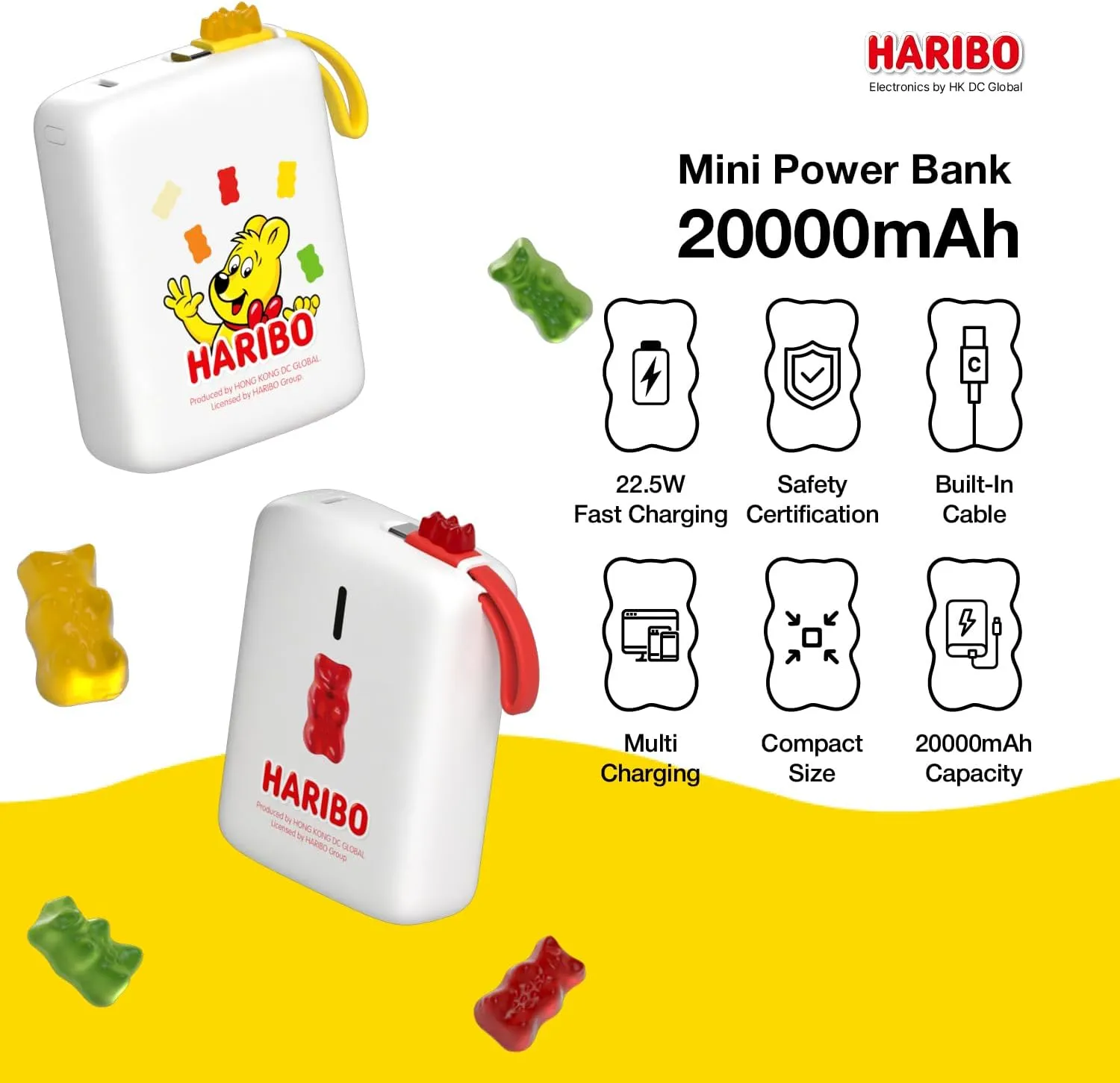 Haribo Mini Power Bank 20000mAh, 22.5W Fast Charging, Built-in Cable, Compact Size, 5V 3A, Gummy Bear Style Portable Charger for iPhone 15 16, Samsung Galaxy, Motorola