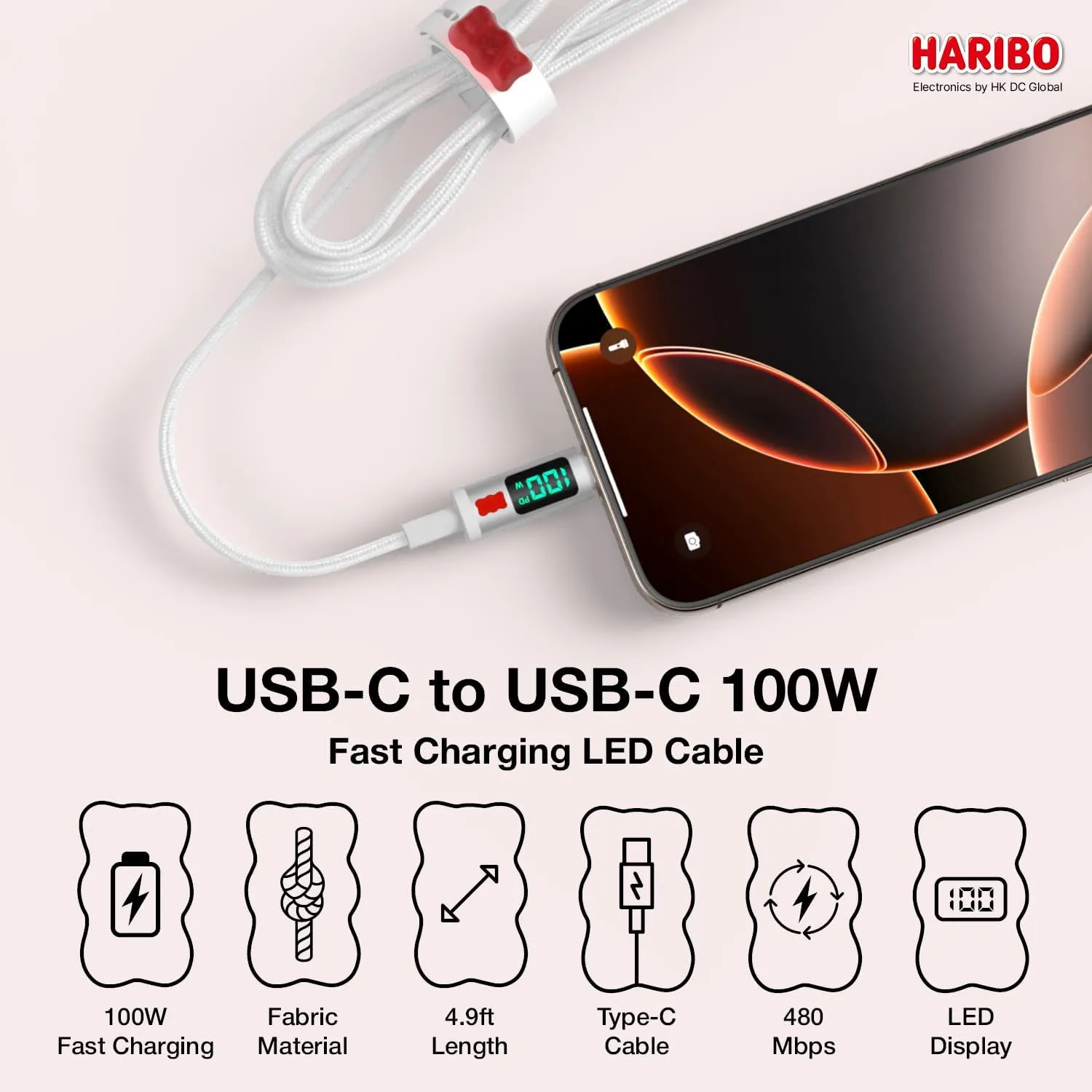 Haribo USB C to USB C Cable (2 Pack, 4.9ft), 100W PD Fast Charging, 4.9ft, LED Display, USB 2.0 Gummy Bear Style Charging Cords iPhone 15 16, Galaxy