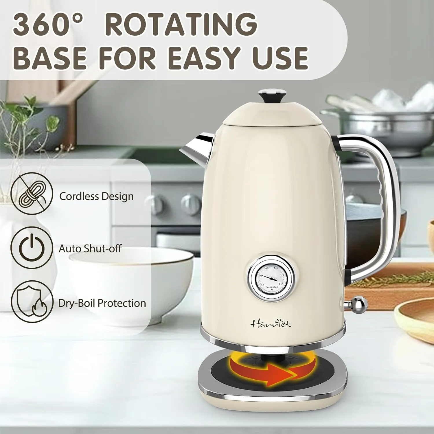 Harriet Electric Kettle, 1.8L Hot Water Boiler Electric with Thermometer, 1500W Stainless Steel Electric Water Kettle, Auto Shut-Off & Boil Dry Protection, Beige White