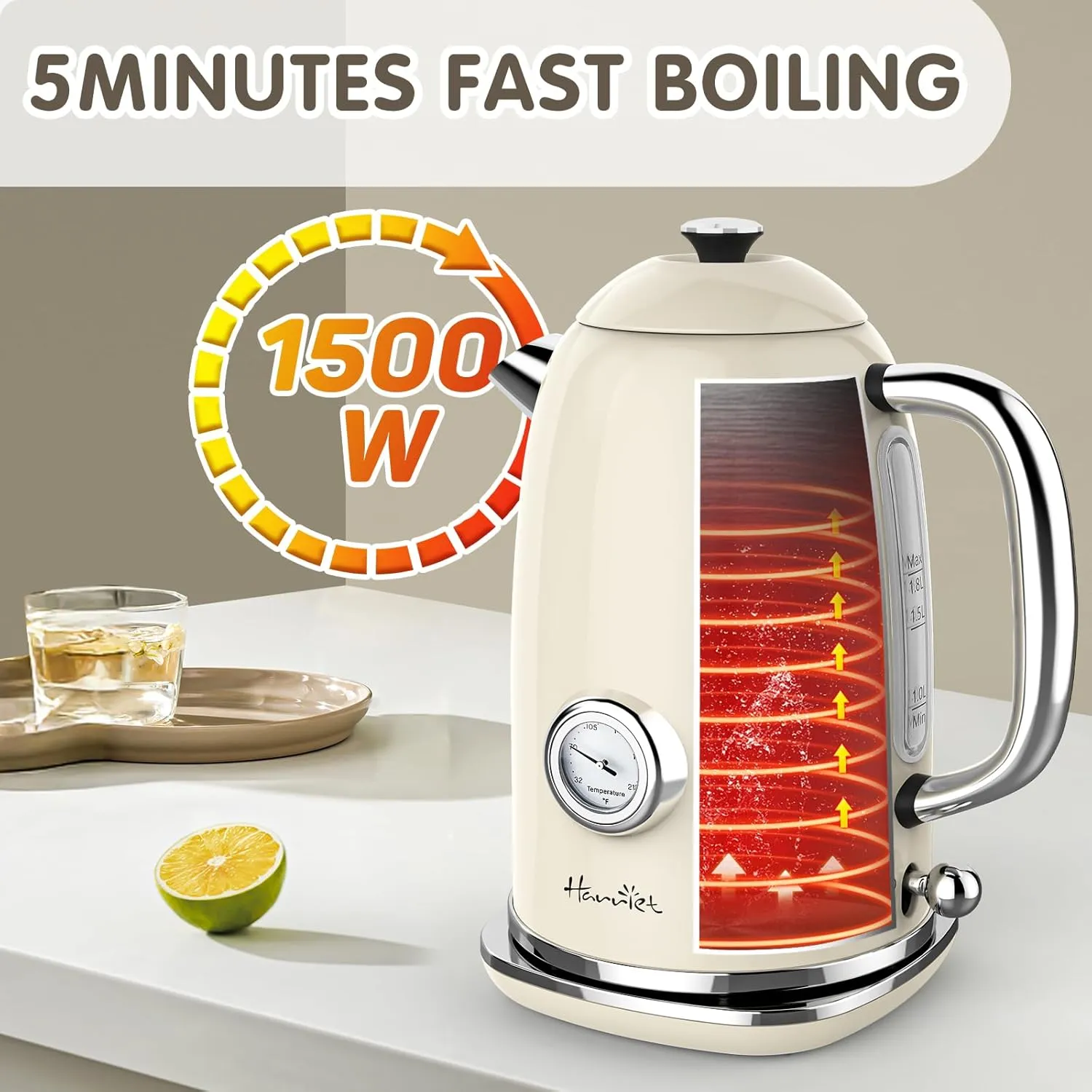Harriet Electric Kettle, 1.8L Hot Water Boiler Electric with Thermometer, 1500W Stainless Steel Electric Water Kettle, Auto Shut-Off & Boil Dry Protection, Beige White