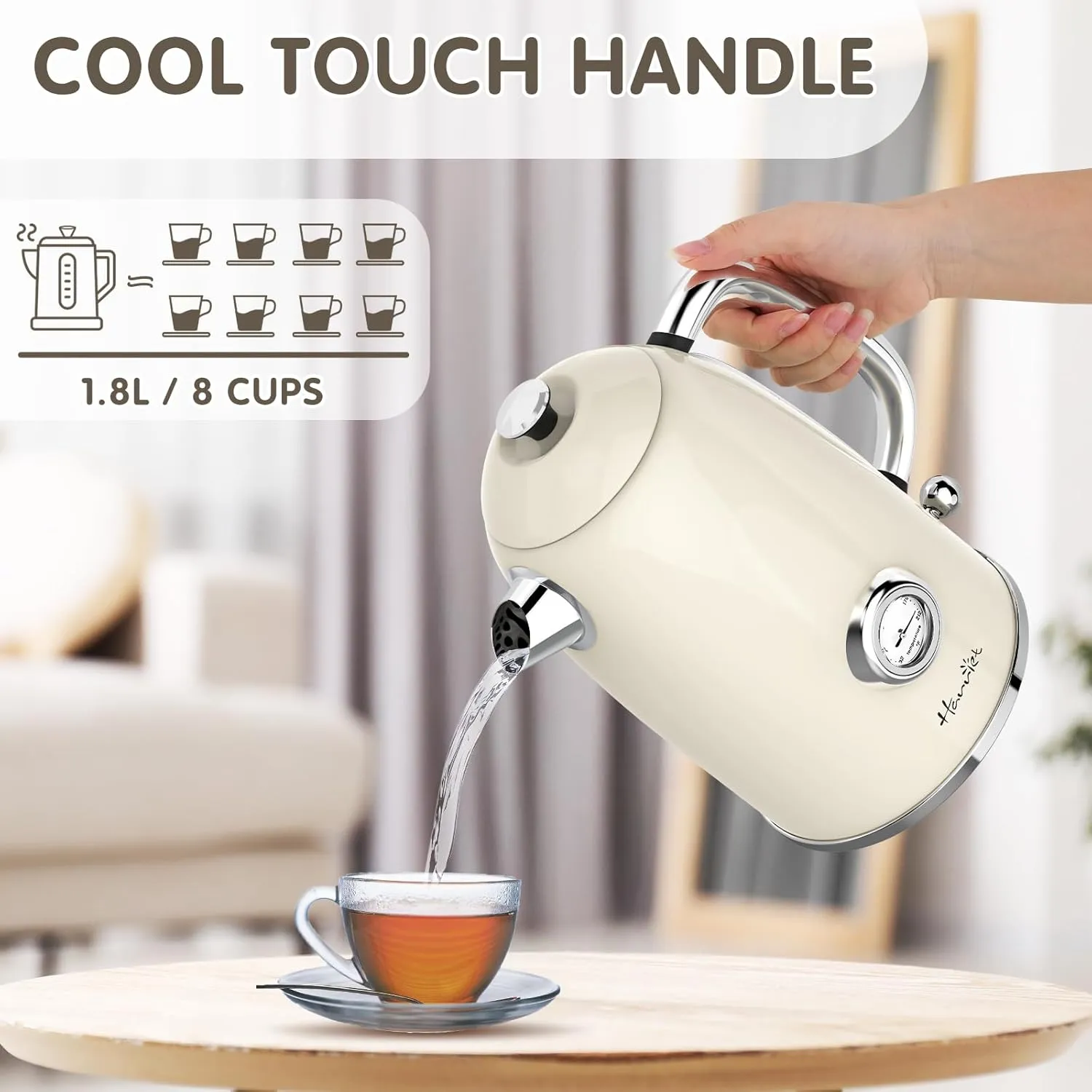Harriet Electric Kettle, 1.8L Hot Water Boiler Electric with Thermometer, 1500W Stainless Steel Electric Water Kettle, Auto Shut-Off & Boil Dry Protection, Beige White