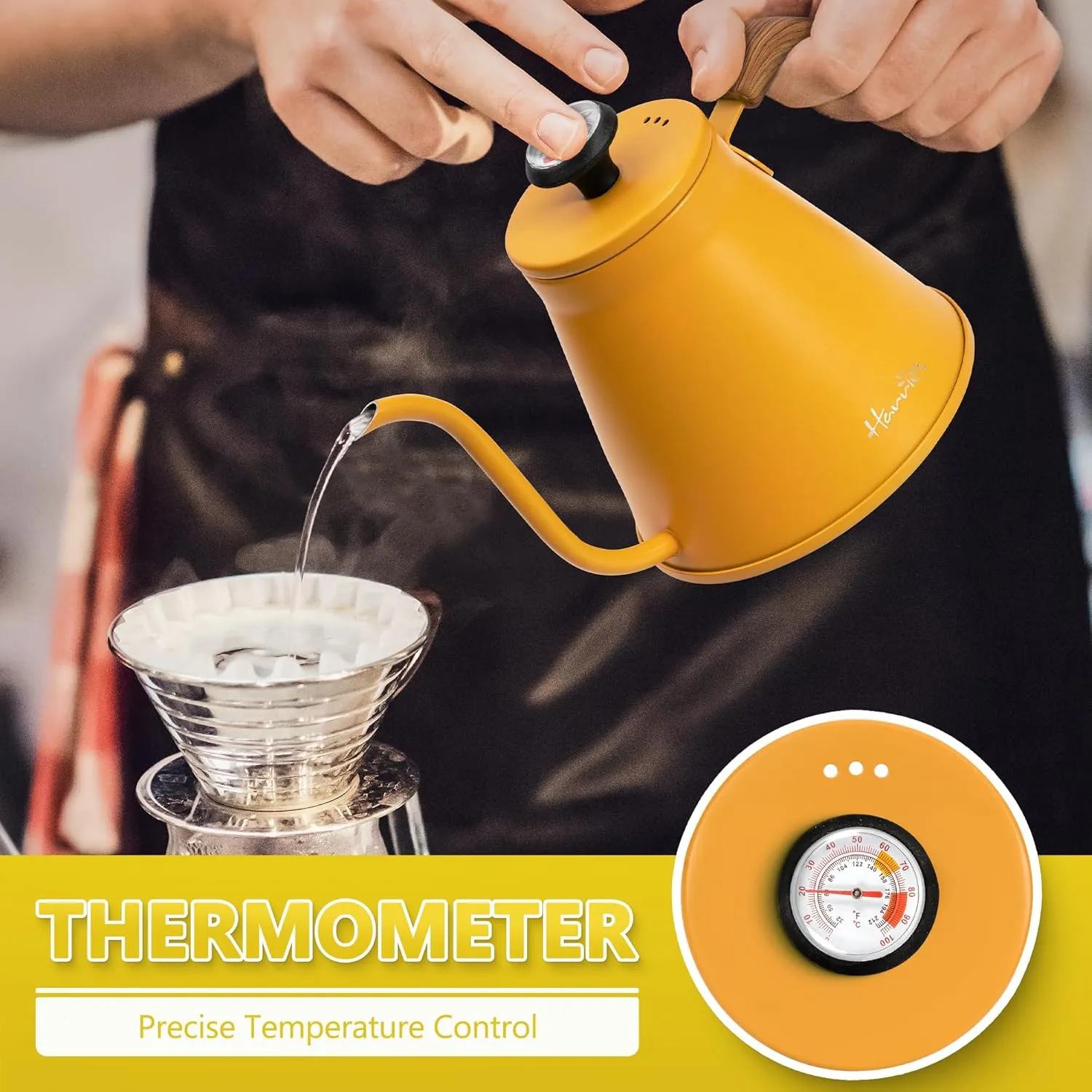 harriet Gooseneck Kettle, 37oz Pour Over Kettle Stove Top, Stainless Steel Coffee kettle with Thermometer, Tea Kettle with 3-Layer Base, Anti-Hot Handle, for Drip Coffee & Tea