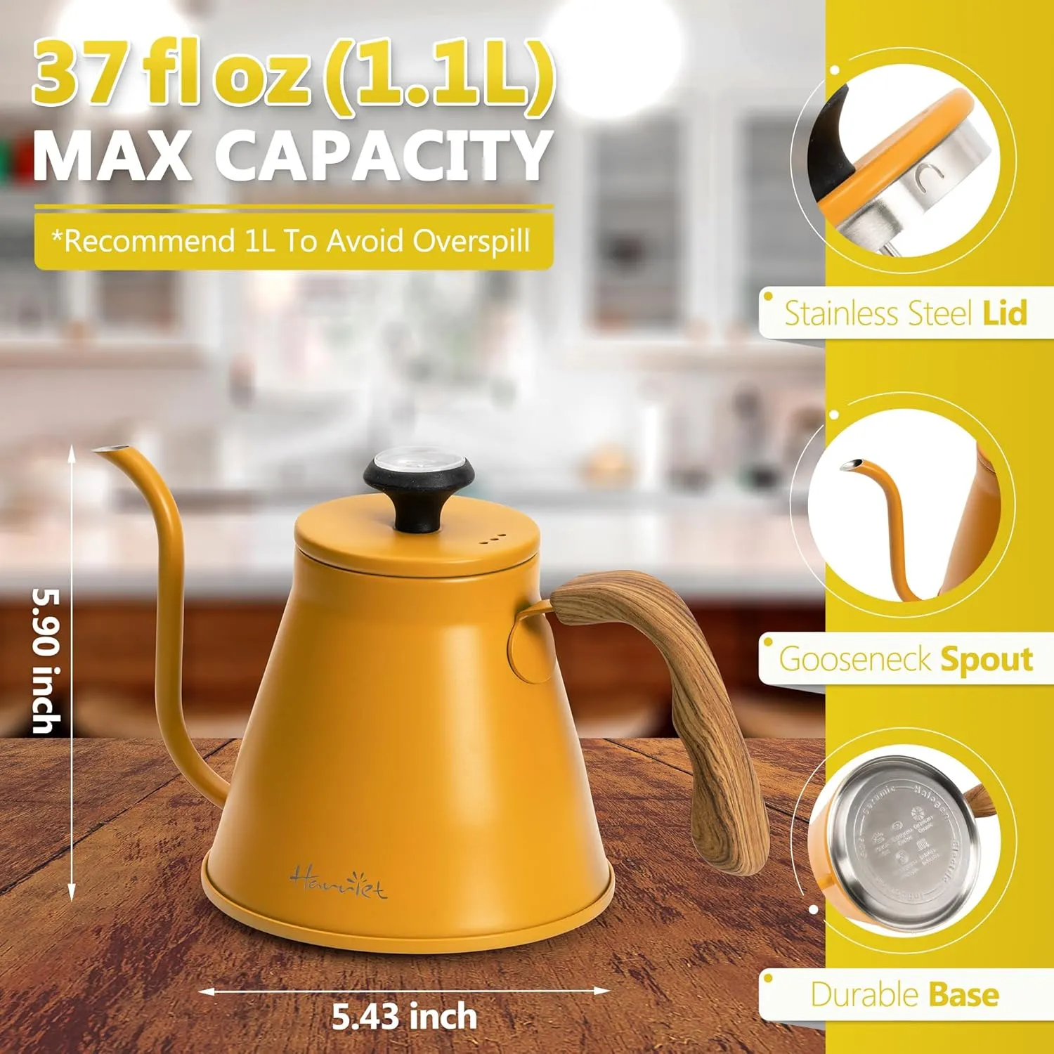 harriet Gooseneck Kettle, 37oz Pour Over Kettle Stove Top, Stainless Steel Coffee kettle with Thermometer, Tea Kettle with 3-Layer Base, Anti-Hot Handle, for Drip Coffee & Tea