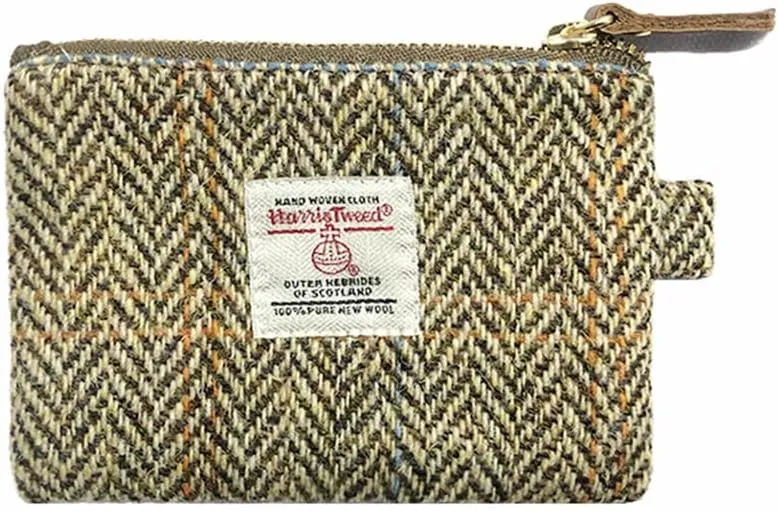 Harris Tweed Mini Coin Purse Handmade Lipstick Bag Vintage British Portable Credit Card ID Wallet with YKK Zipper for Women men (Khaki)