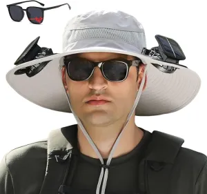 Hat with Fans Solar Power, Sun Hat with Solar Powered Fans, Wide Brim Solar Fan Outdoor Fishing Hat-Solar & USB Charging