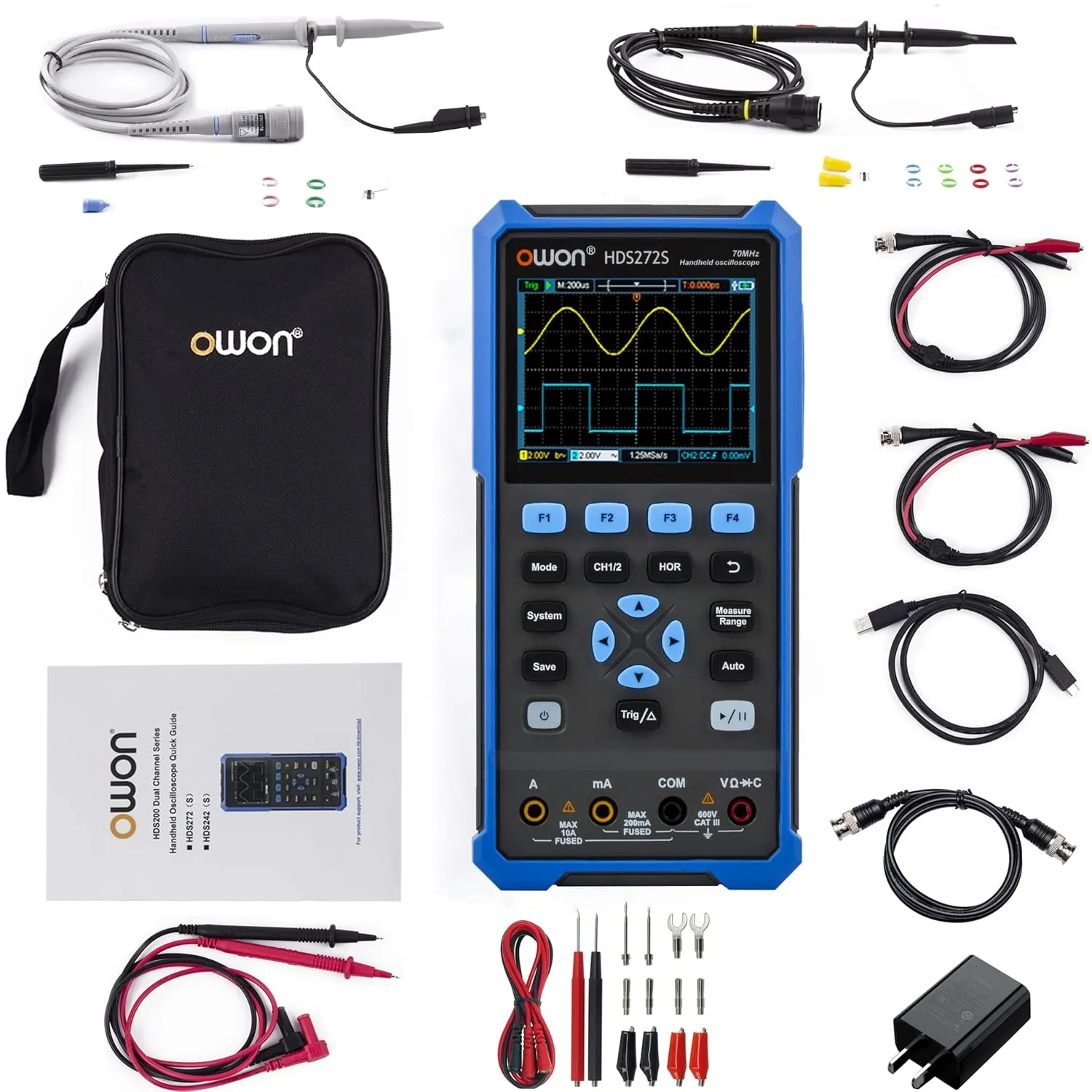 HDS272S Oscilloscope 2 1CH Digital Handheld Oscilloscope Multiumeter 3 in 1 70MHz Bandwidth 3.5" LCD Multiumeter OSC DMM Waveform Signal Generator for Automobile Maintenance,Power Detection