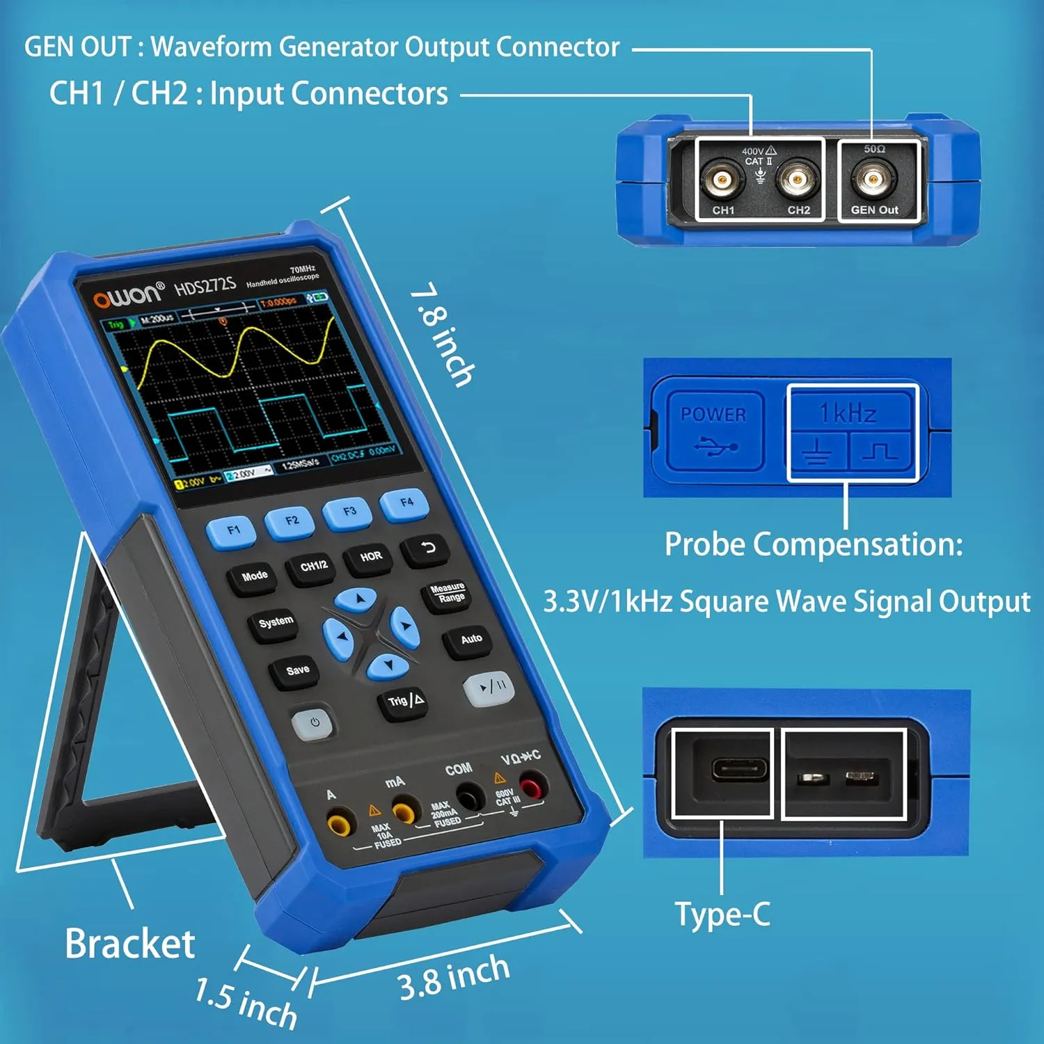 HDS272S Oscilloscope 2 1CH Digital Handheld Oscilloscope Multiumeter 3 in 1 70MHz Bandwidth 3.5" LCD Multiumeter OSC DMM Waveform Signal Generator for Automobile Maintenance,Power Detection