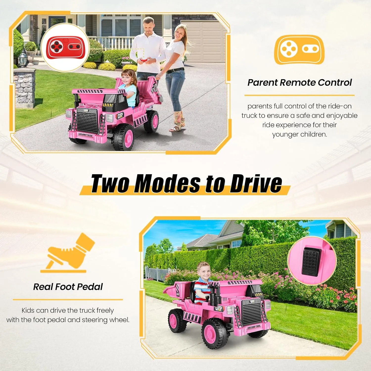 Hikole 12V 4WD Ride on Dump Truck with Electric Dump Bed, Kids Ride on Cars with Remote Control, Shovel, LED Lights, Music Player, Power Electric Car Wheels for Girls, Pink