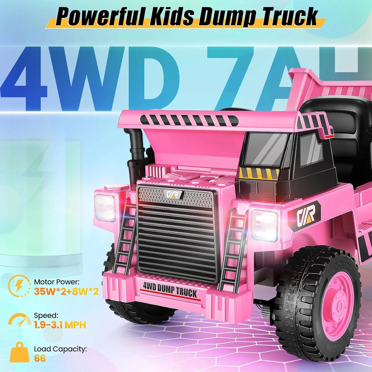 Hikole 12V 4WD Ride on Dump Truck with Electric Dump Bed, Kids Ride on Cars with Remote Control, Shovel, LED Lights, Music Player, Power Electric Car Wheels for Girls, Pink
