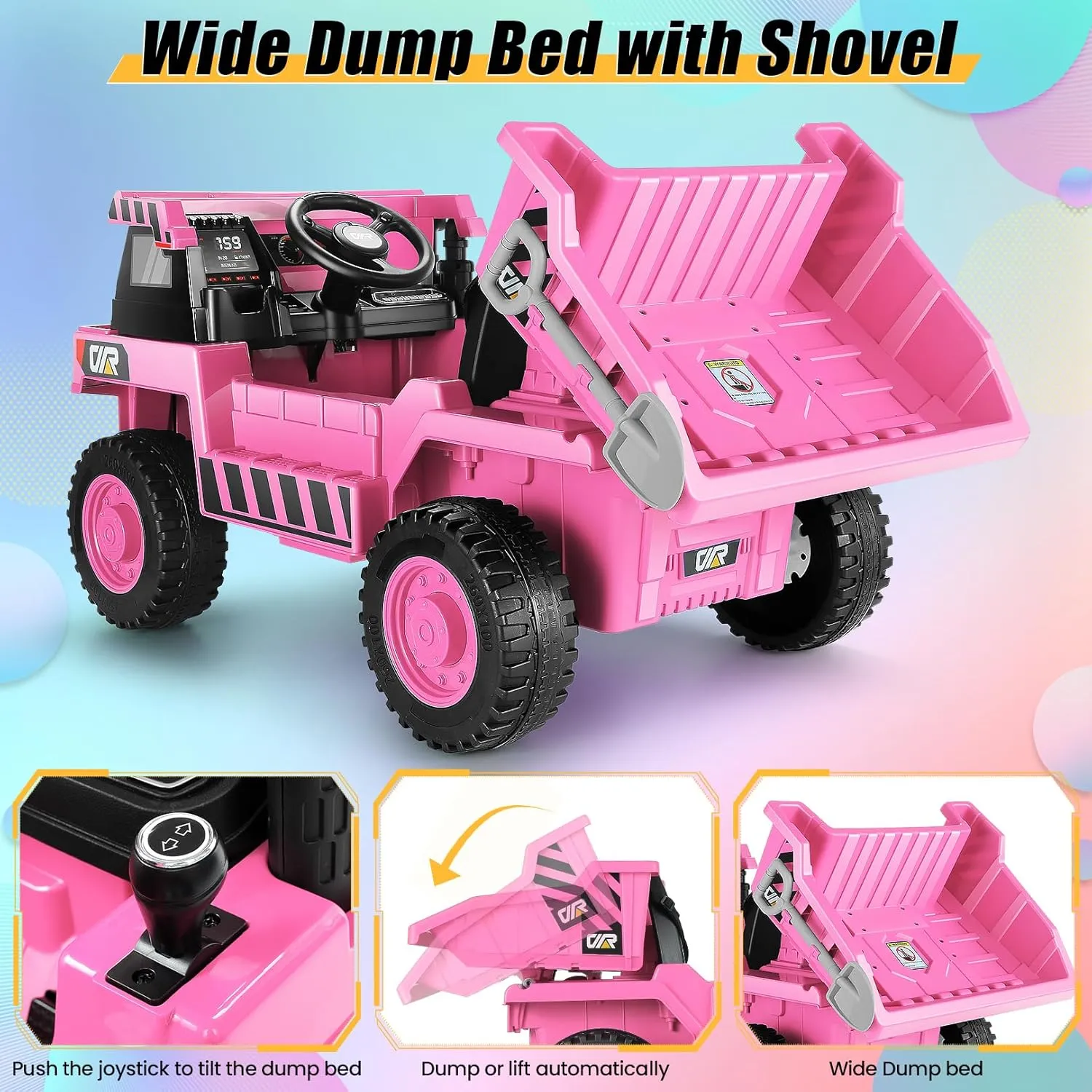 Hikole 12V 4WD Ride on Dump Truck with Electric Dump Bed, Kids Ride on Cars with Remote Control, Shovel, LED Lights, Music Player, Power Electric Car Wheels for Girls, Pink