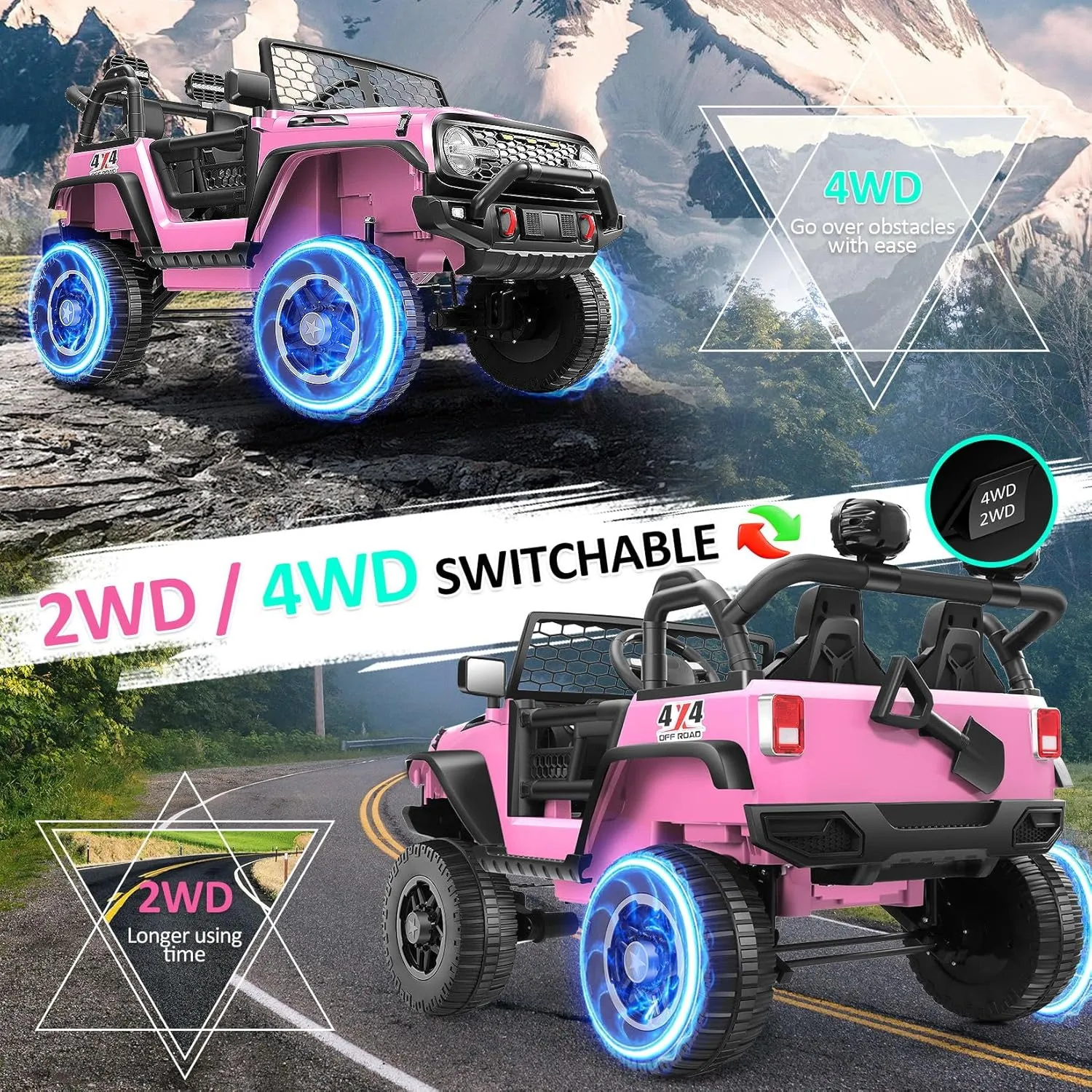 Hikole 24V Kids Ride on Car with Remote Control, 4×100W, Ride on Toys, 2 Kids Side by Side, Electric Truck w/2 Hooks, Safety Belt, Steering Wheel, Real Driving Experience, Shovel, Music, Pink