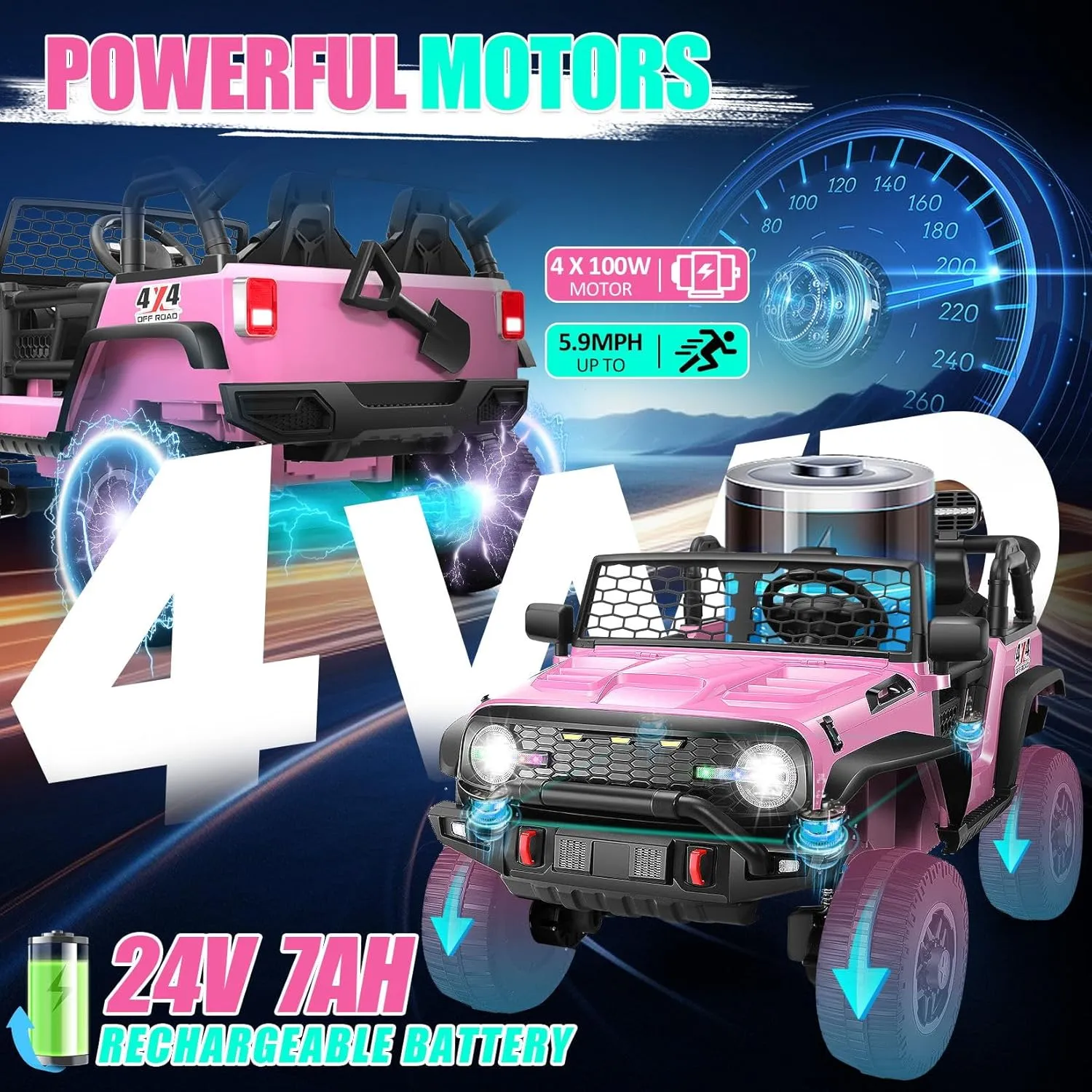 Hikole 24V Kids Ride on Car with Remote Control, 4×100W, Ride on Toys, 2 Kids Side by Side, Electric Truck w/2 Hooks, Safety Belt, Steering Wheel, Real Driving Experience, Shovel, Music, Pink