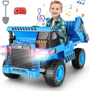 Hikole Kids Ride on Dump Truck - 4WD Power Dump Truck Wheels with 12V 7AH Battery, Electric Vehicles Ride on Car with Remote Control, Shovel, Bluetooth, Music Player, Blue