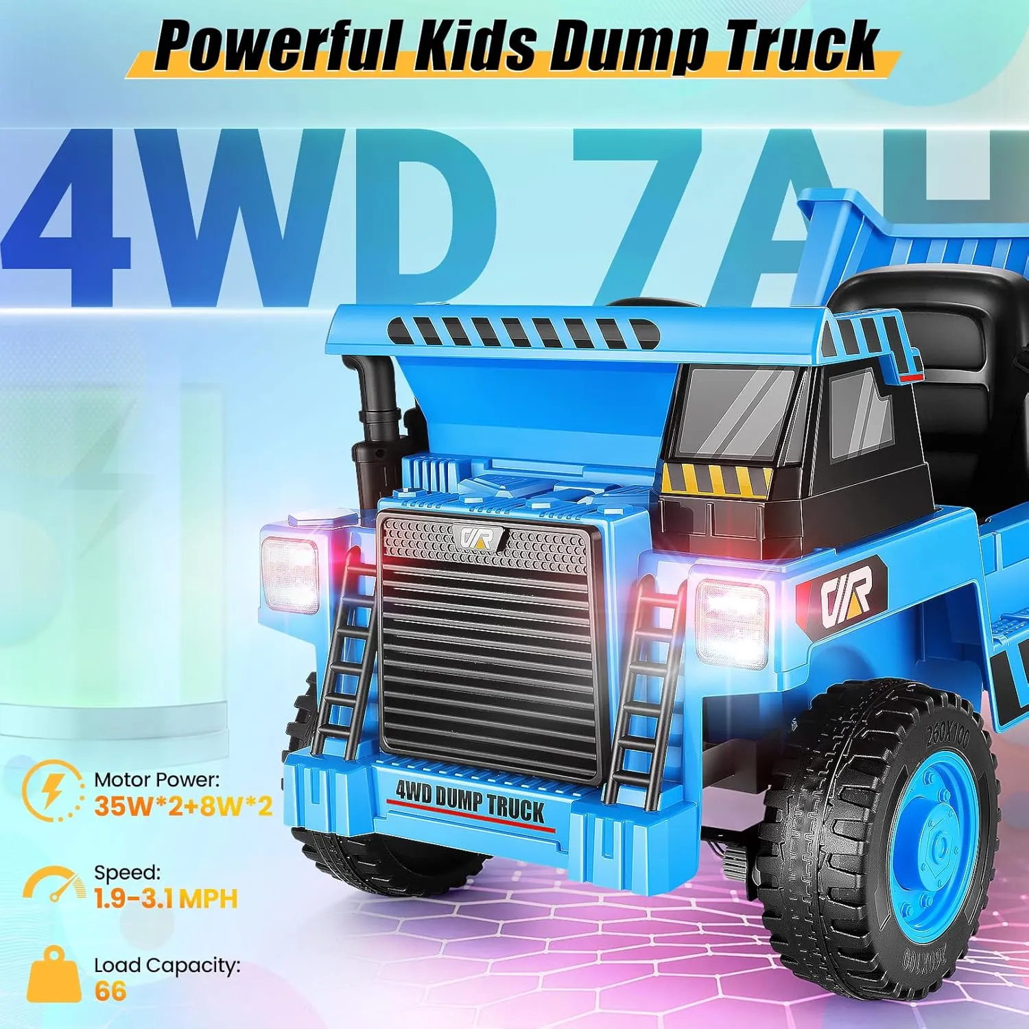 Hikole Kids Ride on Dump Truck - 4WD Power Dump Truck Wheels with 12V 7AH Battery, Electric Vehicles Ride on Car with Remote Control, Shovel, Bluetooth, Music Player, Blue