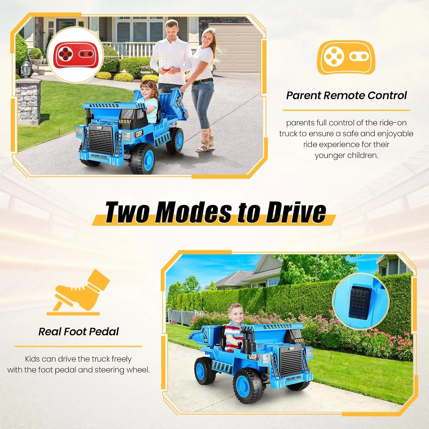 Hikole Kids Ride on Dump Truck - 4WD Power Dump Truck Wheels with 12V 7AH Battery, Electric Vehicles Ride on Car with Remote Control, Shovel, Bluetooth, Music Player, Blue
