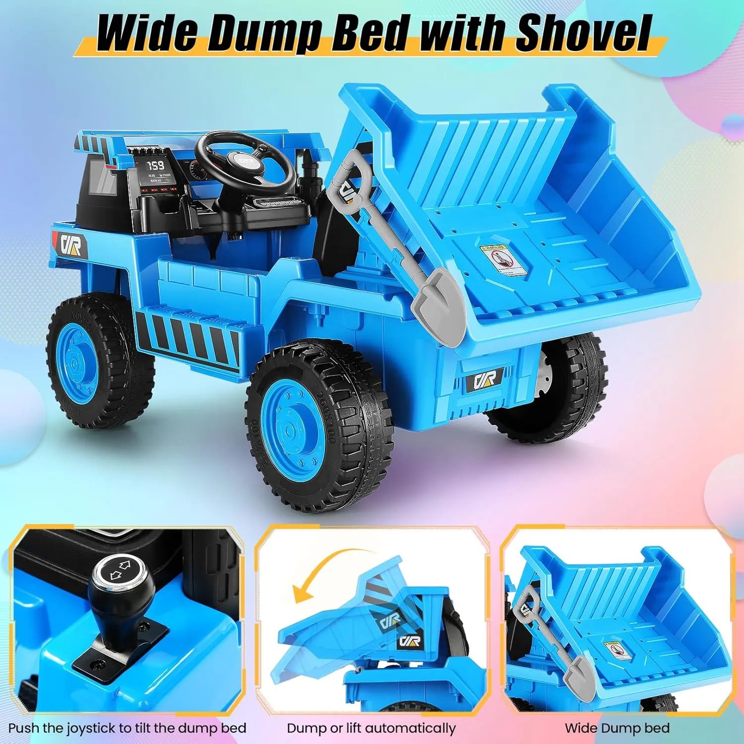 Hikole Kids Ride on Dump Truck - 4WD Power Dump Truck Wheels with 12V 7AH Battery, Electric Vehicles Ride on Car with Remote Control, Shovel, Bluetooth, Music Player, Blue