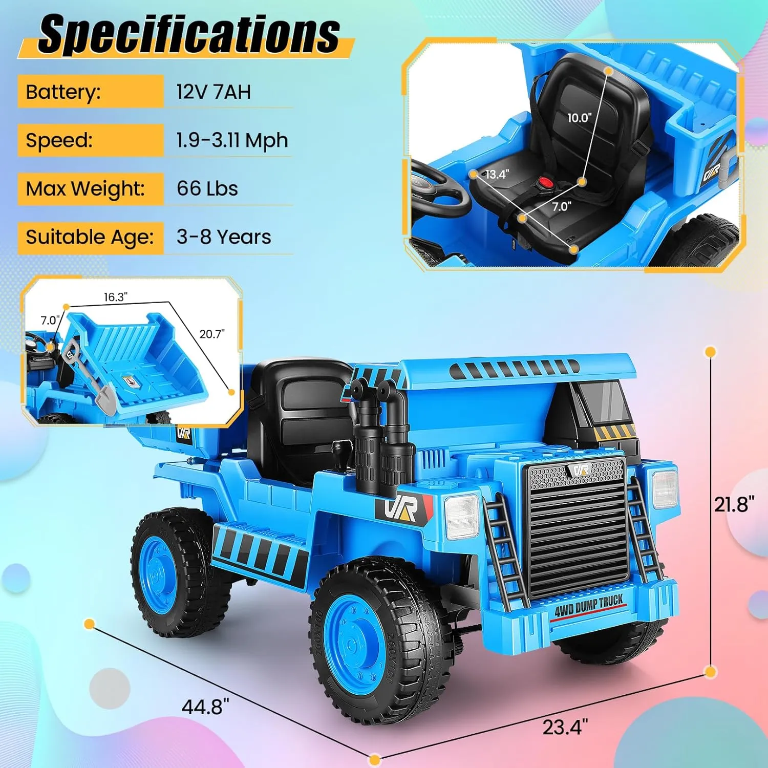 Hikole Kids Ride on Dump Truck - 4WD Power Dump Truck Wheels with 12V 7AH Battery, Electric Vehicles Ride on Car with Remote Control, Shovel, Bluetooth, Music Player, Blue