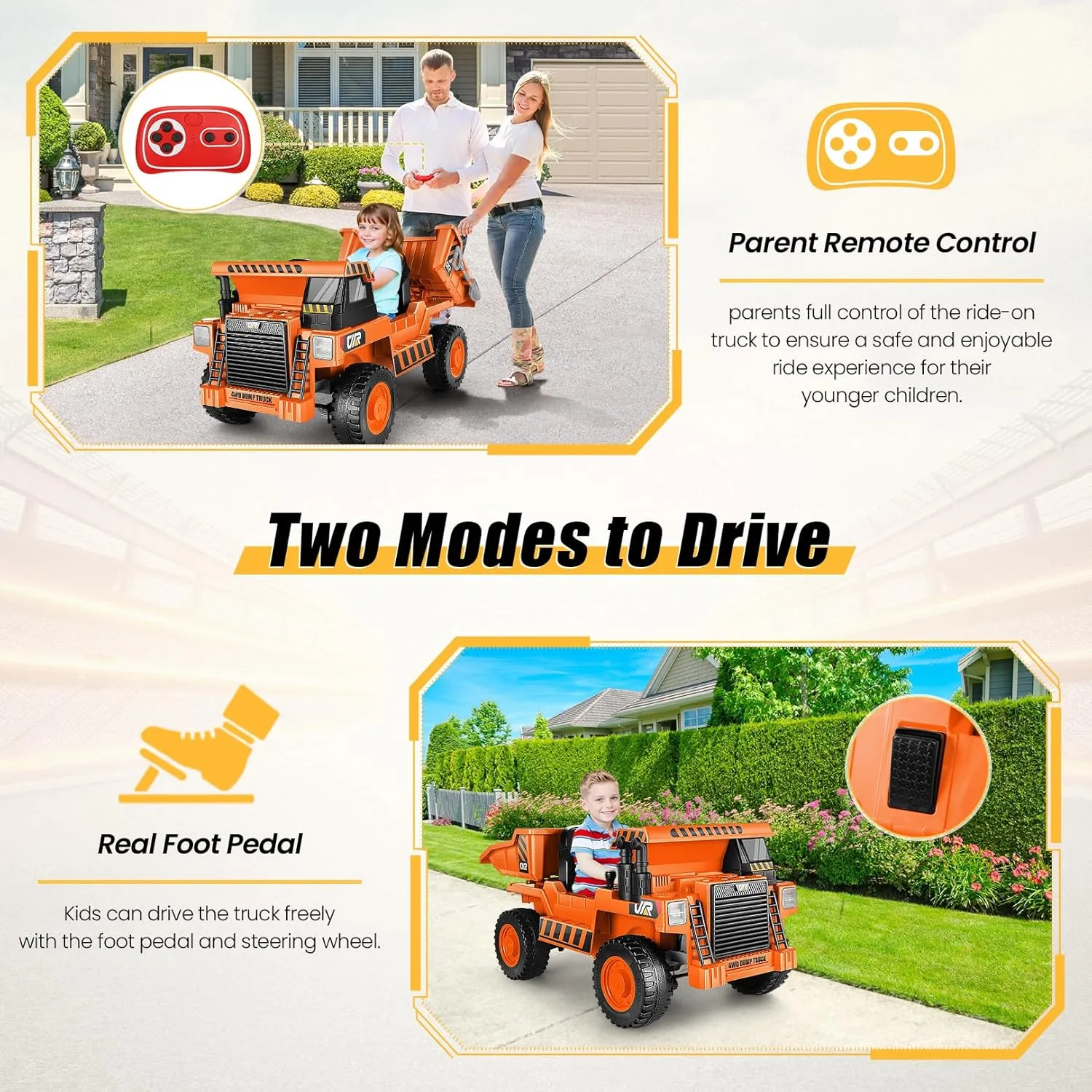 Hikole Ride on Dump Truck for Kids, 12V Ride on Car with Parent Remote, Shovel, Electric Dump Bed, Music Player, Ride on Construction Vehicles for Kids for Boys Girls, Orange