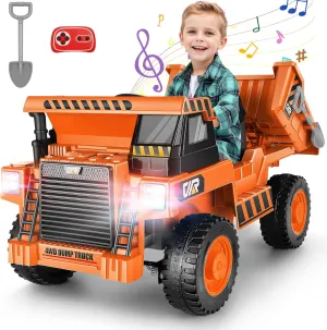 Hikole Ride on Dump Truck for Kids, 12V Ride on Car with Parent Remote, Shovel, Electric Dump Bed, Music Player, Ride on Construction Vehicles for Kids for Boys Girls, Orange