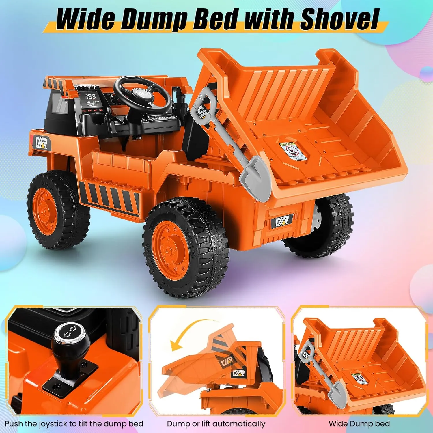 Hikole Ride on Dump Truck for Kids, 12V Ride on Car with Parent Remote, Shovel, Electric Dump Bed, Music Player, Ride on Construction Vehicles for Kids for Boys Girls, Orange