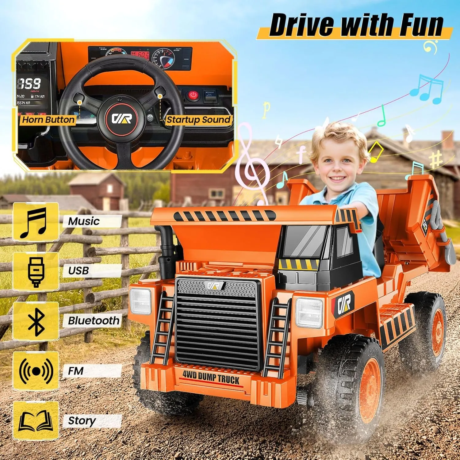 Hikole Ride on Dump Truck for Kids, 12V Ride on Car with Parent Remote, Shovel, Electric Dump Bed, Music Player, Ride on Construction Vehicles for Kids for Boys Girls, Orange