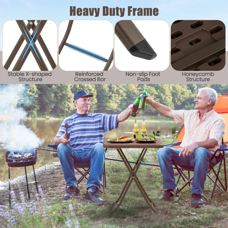Hivvago Folding Picnic Table with Rattan Grain HDPE Tabletop and Sturdy Metal Fame-Coffee