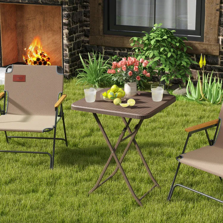 Hivvago Folding Picnic Table with Rattan Grain HDPE Tabletop and Sturdy Metal Fame-Coffee