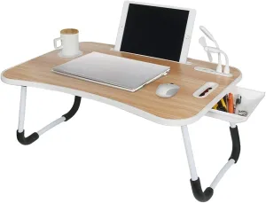HLHome TZT 23.5" Portable Laptop Desk ,Laptop Stand for Bed with USB Charge Port/Cup Holder/Storage Drawer/Handle/Built-in iPad Stand Groove ,Multi-Function Notebook Stand for Working ,Reading (Wood Color)