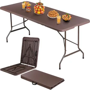 HomGarden Plastic Folding Table, Portable Indoor Outdoor Heavy Duty Utility Table for Game Puzzles Crafting Picnic Camping Dining Party, Brown (6FT)