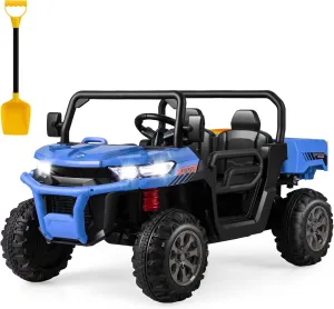 HONEY JOY 2 Seater Ride on Car, 12V Off-Road Electric Dump Truck w/Remote Control, Moving Dump Bed, Shovel, Music, Spring Suspension, Battery Powered Ride On UTV for Kids, Gift for Girls Boys (Blue)