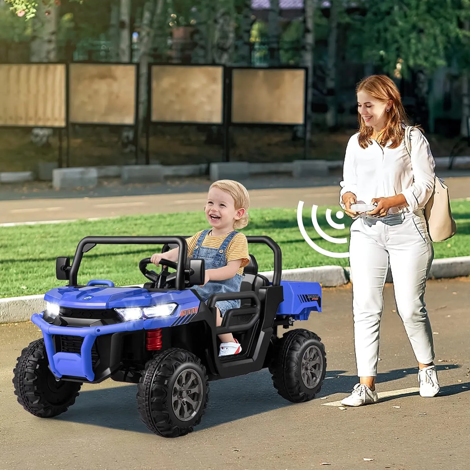 HONEY JOY 2 Seater Ride on Car, 12V Off-Road Electric Dump Truck w/Remote Control, Moving Dump Bed, Shovel, Music, Spring Suspension, Battery Powered Ride On UTV for Kids, Gift for Girls Boys (Blue)