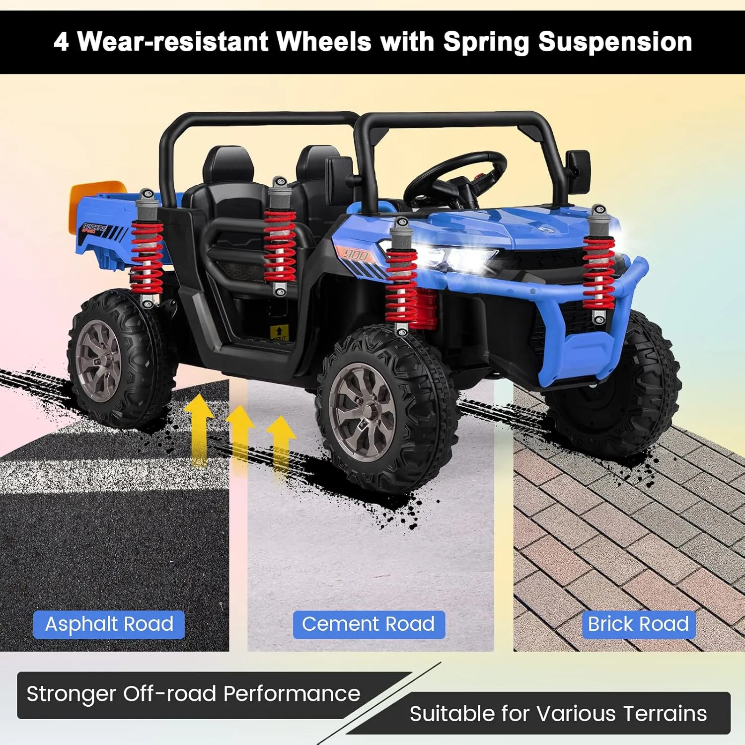 HONEY JOY 2 Seater Ride on Car, 12V Off-Road Electric Dump Truck w/Remote Control, Moving Dump Bed, Shovel, Music, Spring Suspension, Battery Powered Ride On UTV for Kids, Gift for Girls Boys (Blue)