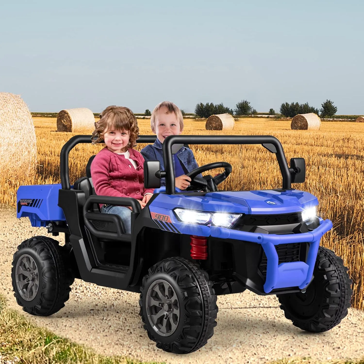 HONEY JOY 2 Seater Ride on Car, 12V Off-Road Electric Dump Truck w/Remote Control, Moving Dump Bed, Shovel, Music, Spring Suspension, Battery Powered Ride On UTV for Kids, Gift for Girls Boys (Blue)