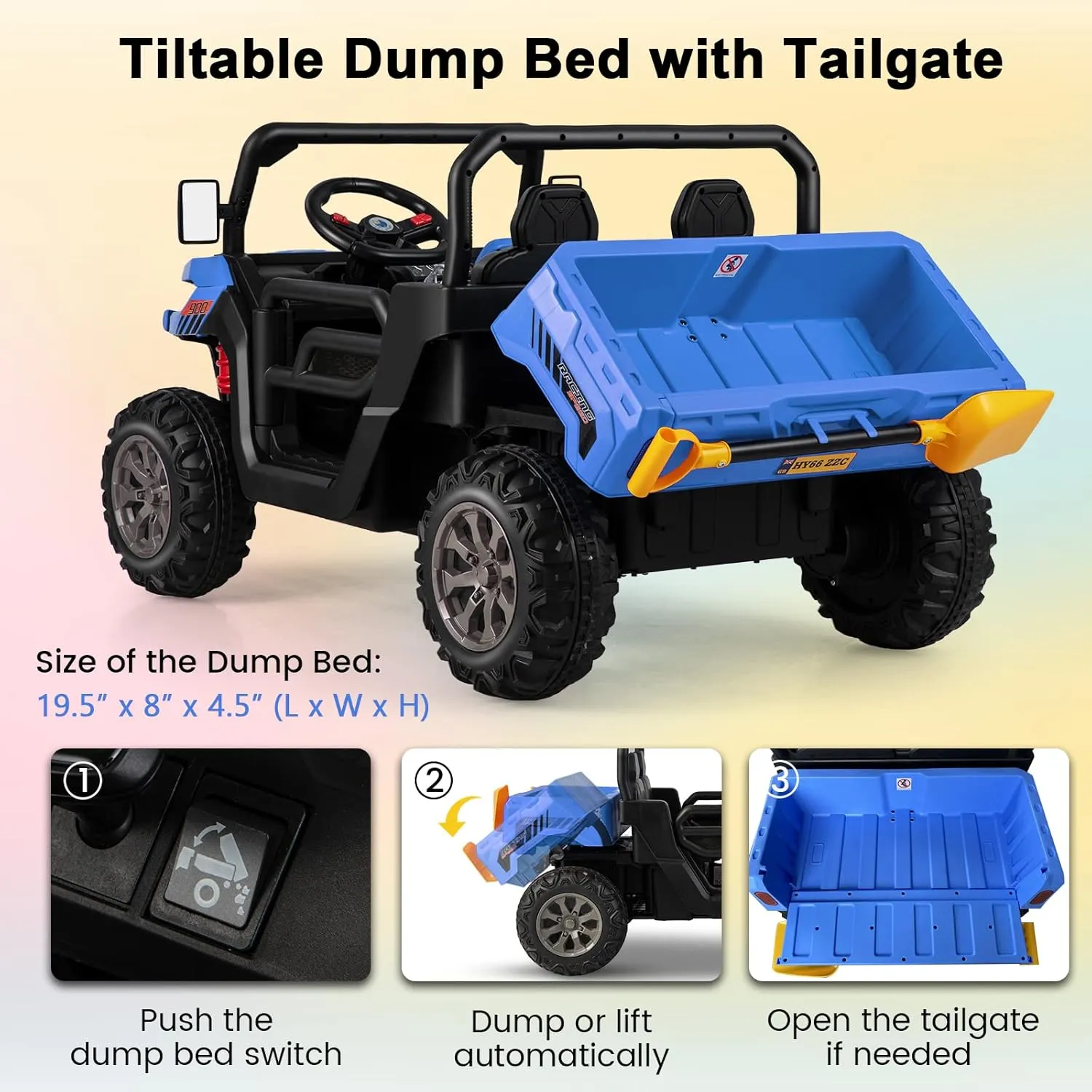 HONEY JOY 2 Seater Ride on Car, 12V Off-Road Electric Dump Truck w/Remote Control, Moving Dump Bed, Shovel, Music, Spring Suspension, Battery Powered Ride On UTV for Kids, Gift for Girls Boys (Blue)