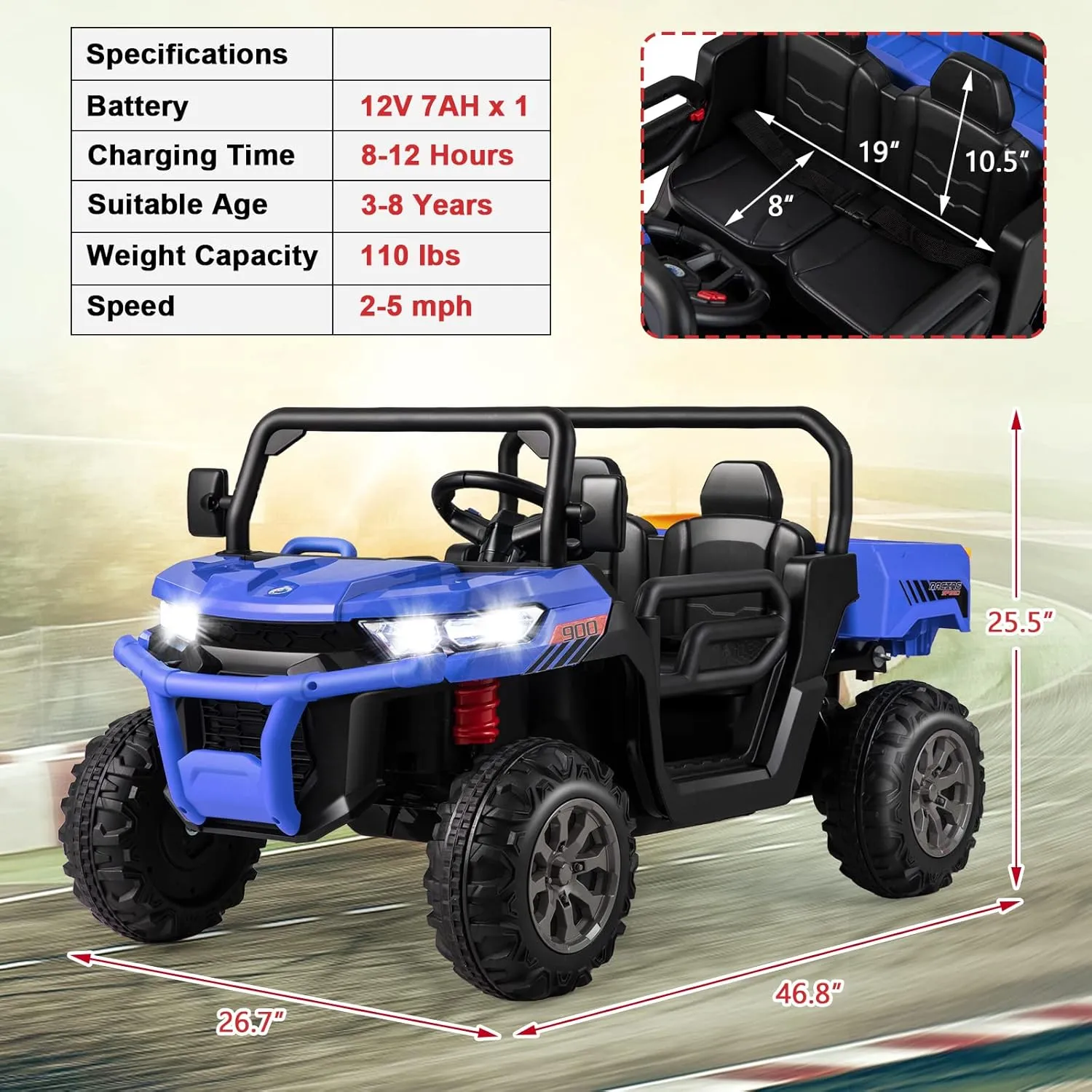 HONEY JOY 2 Seater Ride on Car, 12V Off-Road Electric Dump Truck w/Remote Control, Moving Dump Bed, Shovel, Music, Spring Suspension, Battery Powered Ride On UTV for Kids, Gift for Girls Boys (Blue)