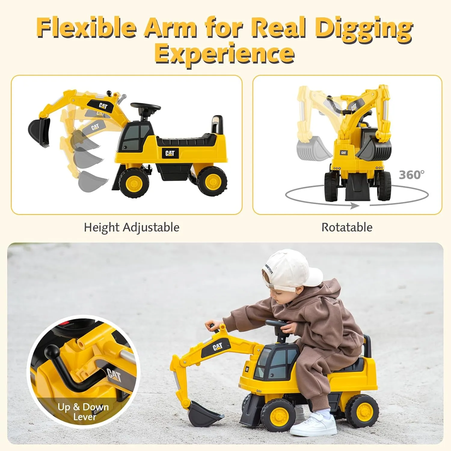 HONEY JOY Ride on Push Car, Licensed Caterpillar Toddler Bulldozer Digger Toy, Outdoor Digging Scooper w/360 Degree Working Shovel, Ride on Excavator Construction Vehicle for Kids Boys Girls, Yellow