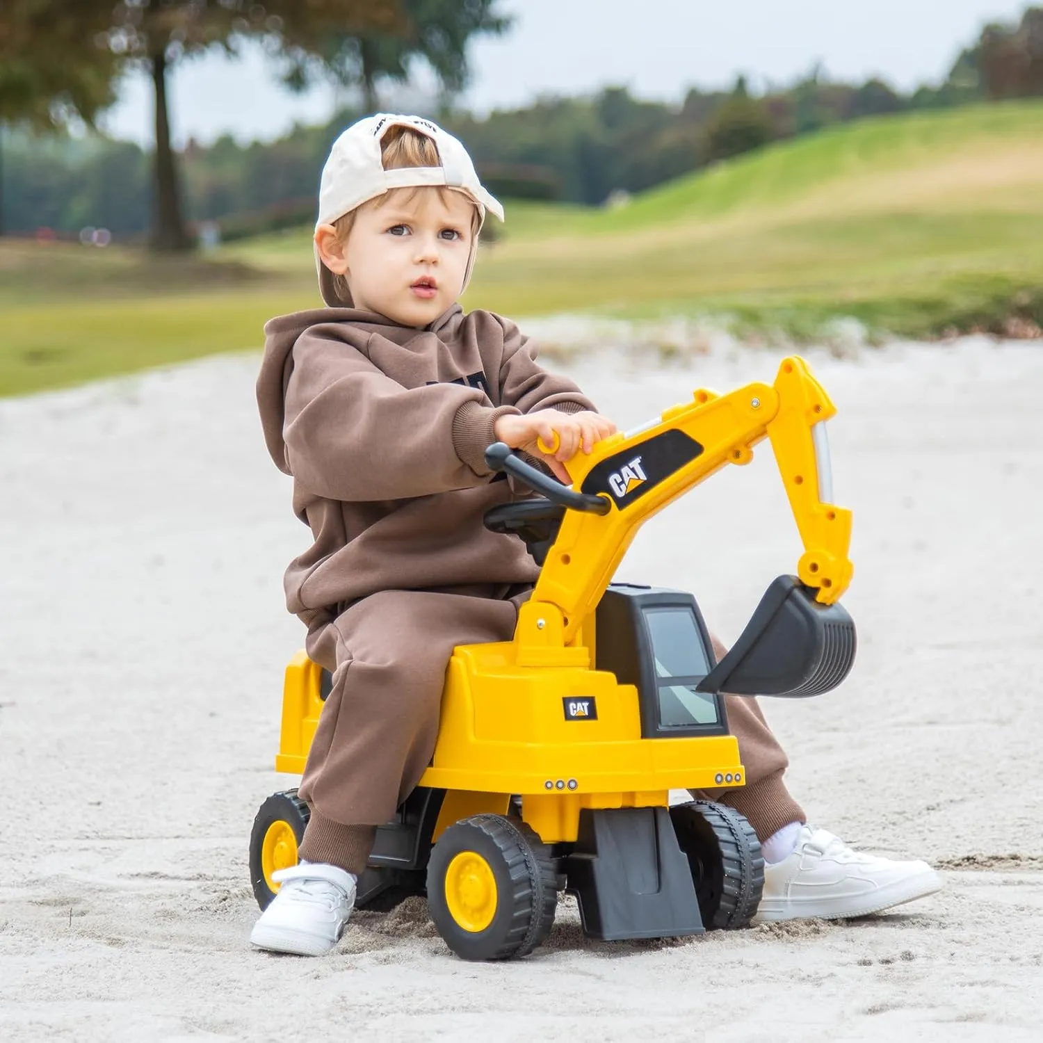 HONEY JOY Ride on Push Car, Licensed Caterpillar Toddler Bulldozer Digger Toy, Outdoor Digging Scooper w/360 Degree Working Shovel, Ride on Excavator Construction Vehicle for Kids Boys Girls, Yellow