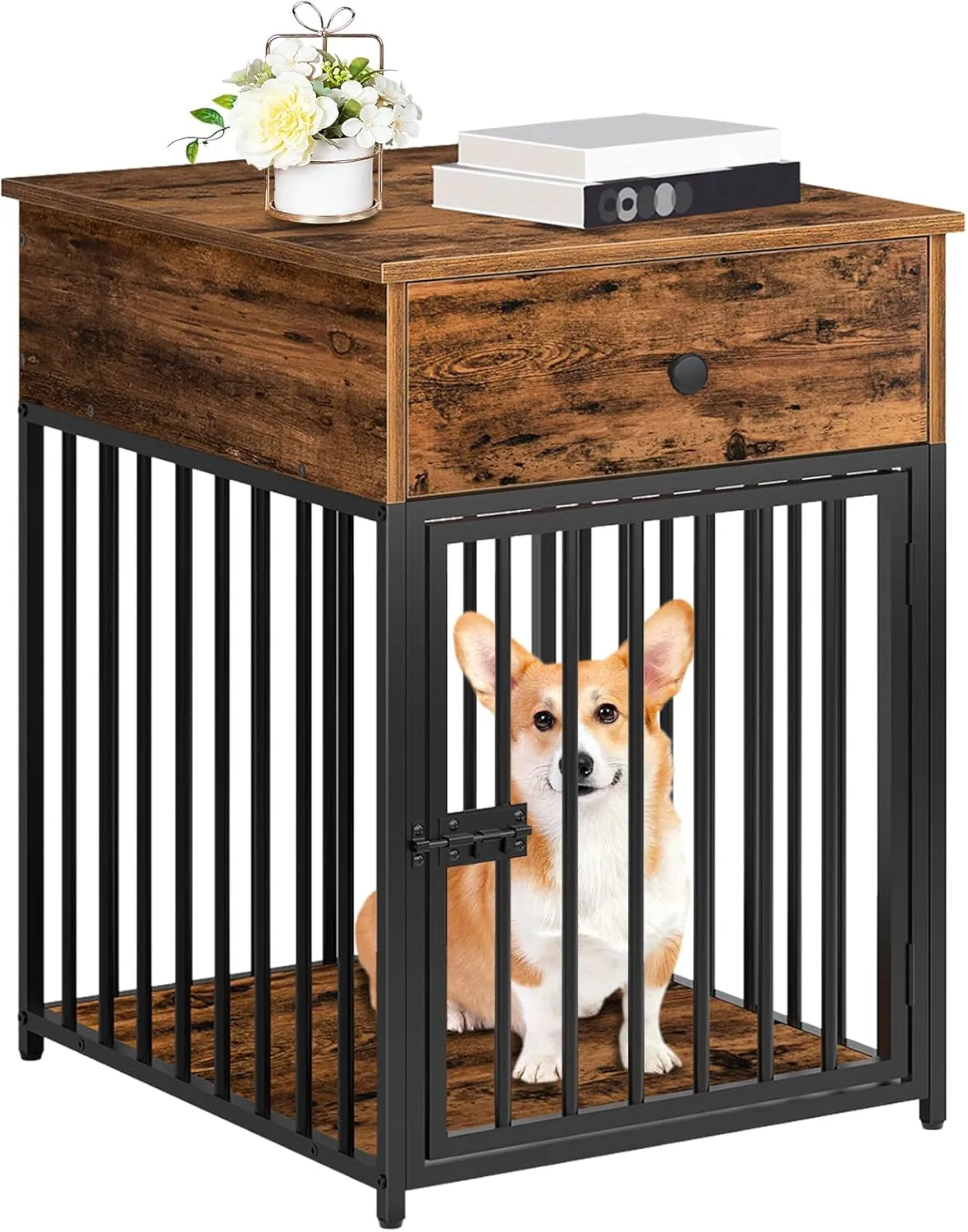 HOOBRO Dog Crate Furniture, Wooden Dog House, Decorative Dog Kennel with Drawer, Indoor Pet Crate End Table for Small Dog, Steel-Tube Puppy Cage, Chew-Proof, Rustic Brown and Black BF01GW03