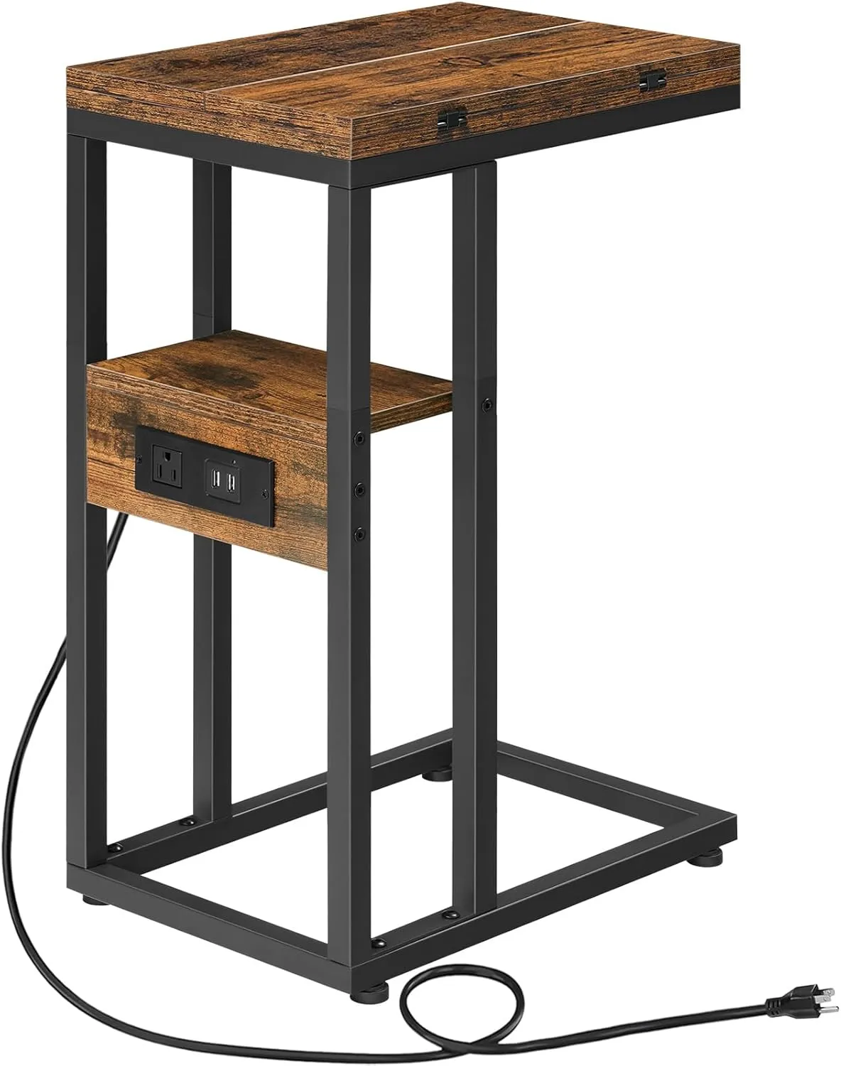 HOOBRO Foldable End Table, C Shaped Side Table with Charging Station, Sofa Couch Table That Slide Under for Living Room Bedroom Small Spaces, Easy Assembly, Rustic Brown and Black BF29USF01