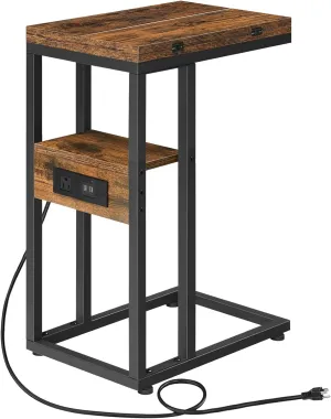 HOOBRO Foldable End Table, C Shaped Side Table with Charging Station, Sofa Couch Table That Slide Under for Living Room Bedroom Small Spaces, Easy Assembly, Rustic Brown and Black BF29USF01