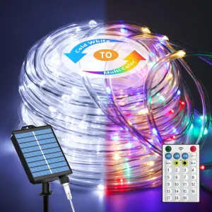 ICRGB Solar Lights Outdoor, 66FT 200 LED Solar Rope Lights with Remote, 1800mah Battery, 19 Modes and Timer, IP67 Waterproof for Outdoor Christmas Pool Patio Porch Tree Wedding, White to Multicolor