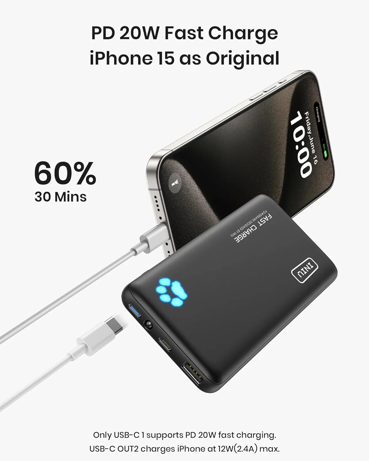 INIU Portable Charger, 20W PD3.0 Fast Charging Slimmest 10000mAh Power Bank, USB C in/Out QC4  Battery Pack, Portable Phone Charger for iPhone 16 15 14 13 12 Pro Samsung S22 S21 Google AirPods iPad
