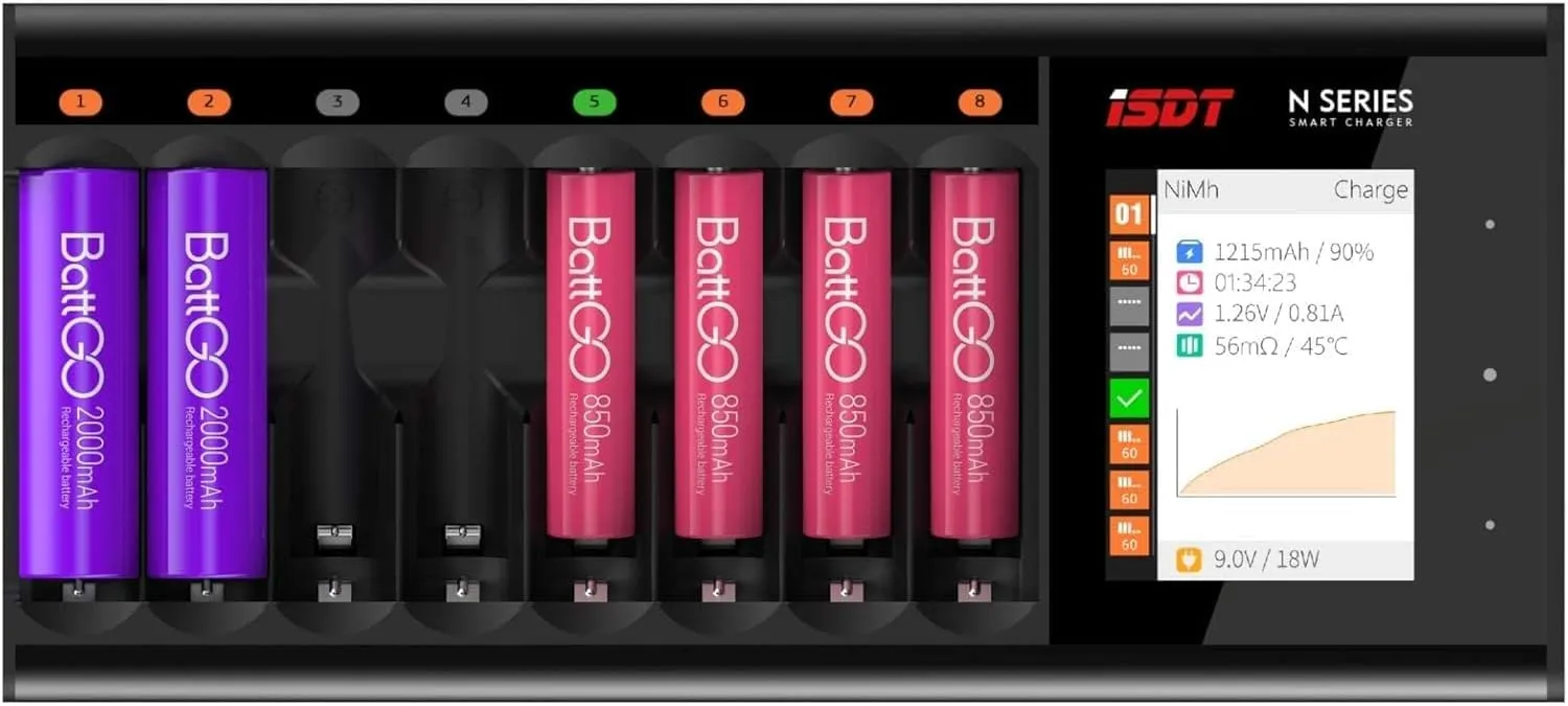 ISDT LCD Display Universal Battery Charger N8 8-Slot Speedy Smart Battery Fast Charger for Rechargeable Batteries AA AAA Li-lon LiHv Ni-MH Ni-Cd Nizn LiFePO4
