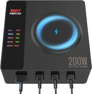 ISDT Power200X Charging Station: 5 in 1 Wireless Charging for iPhone, AirPods, MacBook, iPad, and Galaxy with LED Display
