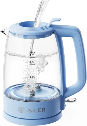 iSiLER 1500W Electric Kettle, 1.7 L Electric Tea Kettle, Cordless Glass Hot Water Boiler, Portable Teapot Heater, Quick-Fill Lid & Auto Shut-Off & Boil-Dry Protection BPA-Free (Blue)